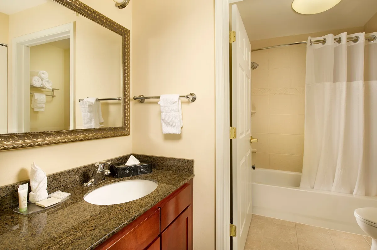 A modern bathroom scene with a spacious vanity, large mirror, bathtub, and ample complimentary toiletries arranged for guest use. The calming color palette and fresh linens evoke a sense of cleanliness and relaxation.